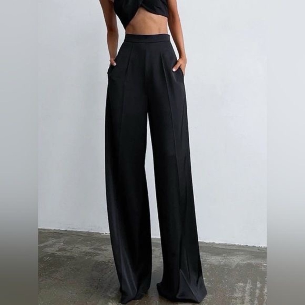 Commense Black Satin High-Rise Wide-Leg Trousers